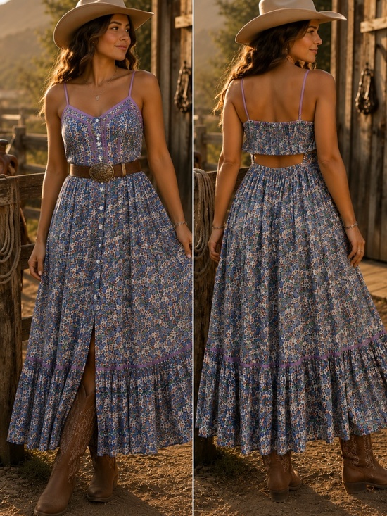 Free People Dresses & Skirts - Free People maxi dress M baby doll bodice tiered smocked ribbon cowgirl boho